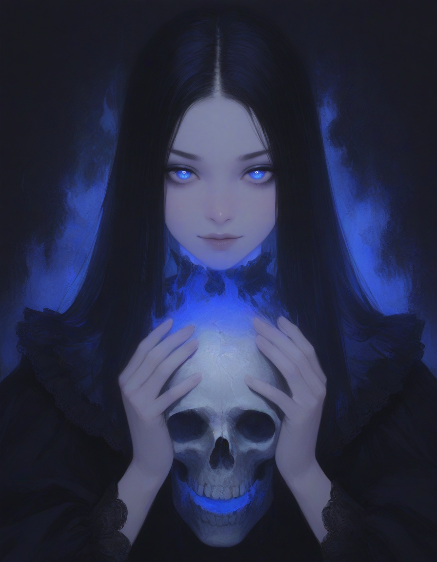 (masterpiece, best quality, ultra-detailed, absurdres, newest, detailed textures, correct anatomy:1), detailed_hands, elegant_fingers, halftone background, 
1girl, <lora:GLSHS-IL:0.25>, glshs, partially illuminated, delicate colors, <lora:748cm_illu:0.25>, 7481llu, <lora:G0zeNA_style:0.25>, g0zena_illu, scenery, abstract, surreal, <lora:Lopu_style:0.25>, lopu style, surrealism, ethereal, muted colors, cinematic lighting, mystical, ghostly figures, cosmic themes, close-up of a woman with long dark hair, purple and blue color palette, glowing blue eyes, sinister grin, skull-like face, eerie blue flames, detailed, intricate, sharp shadows, gothic, fantasy, horror elements, dark magic, supernatural, glowing effects, magical aura, intricate details, intense expression, surreal, captivating, mysterious atmosphere, dark fantasy, dark magic, dramatic lighting, dark background, intricate design