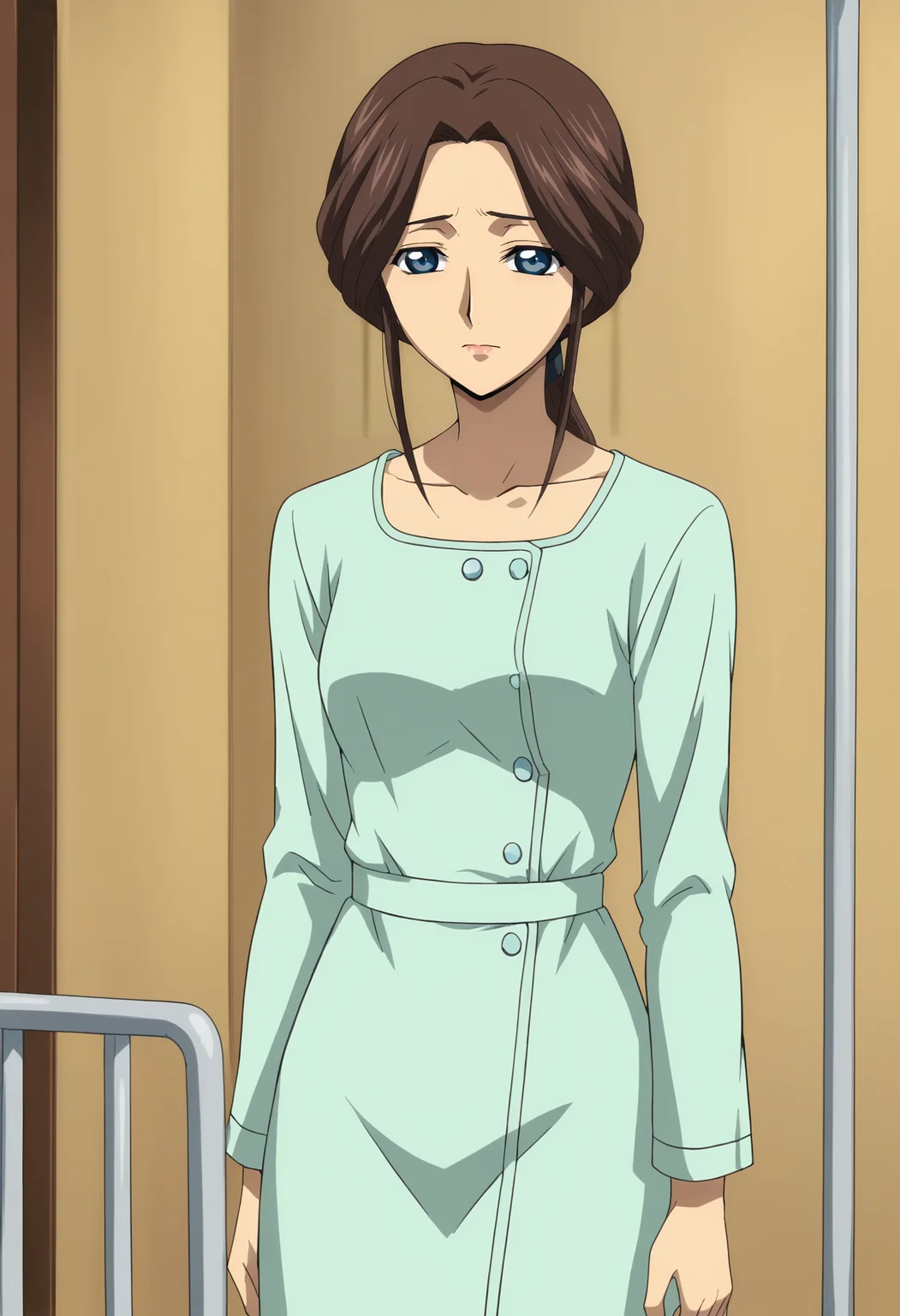 <lora:Kallens_Mother-Code_Geass:0.75>,km,mature famale,1girl,solo,brown hair,blue eyes,long hair,ponytail,hospital gown,looking at viewer,indoors,nervous, arms at sides,
