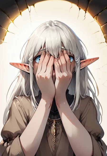 Lapanya, 1 person, solo, pointy ears, androgynous body, ((snout nose)):1.5, lean stature, medium tan skin, white hair, long hair, hip-length hair, blue eyes, white tunic, brown robe, small nostrils, 3 fingers 1 thumb,
coverfaceOUTeye, covering face with hands, peeking between fingers, close up, head focus,
Medieval style,
Style: advntr, 4byss,
((cavern background, wall hangings, organic chamber, soft light, luminous moss)), detailed background, clean lines, perfect hands, highly detailed, high quality, ((semi-realistic)), best quality, rating: g
score_9, score_8_up