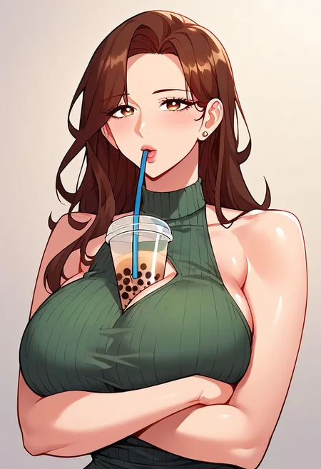 score_9, score_8_up, score_7_up, ASCII masterpiece, source_anime, BREAK, 1girl, solo, (( <lora:song_chae-yoon:1> , song_chae-yoon, thin waist, wide hips, beautiful skin, beautiful brown hair, long hair, clear eyes, piercing light brown eyes, bright pupils, beautiful eyes, huge and shaggy breast, beauty, extraordinary beautiful woman, attractive woman, super sexy woman, lustful body, sexy milf with seductive obscene body, sensual body, voluptuous body, )) , sexy milf, green sweater dress, cable knit, short dress, sleeveless, bare arms, obscene cleavage cutout, fishnet pantyhose, upper body, bubble tea challenge, drinking straw, crossed arms