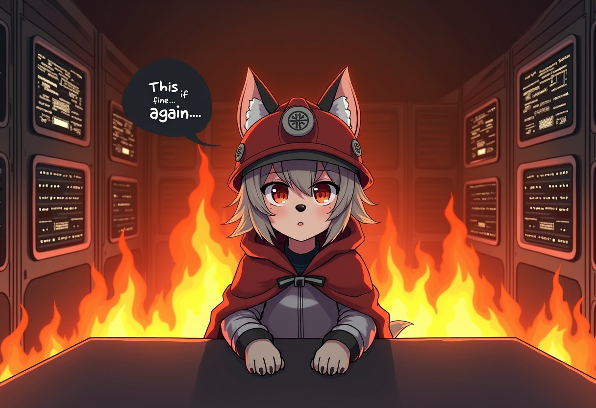 big text speach "This if fine... again". big text speach "This if fine... again", illustration, anime dog-girl seat on table in room in fire. burning servers background. . masterpice. Multiple servers. tube computer burn. girl in worker helmet. cloak. mittens. korone chan
