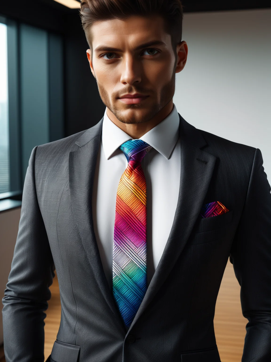 man wearing a colorful madmze necktie and white shirt and black suit in office <lora:Colorful_Maze_Pattern_SDXL:1>, masterpiece, best quality, ultra high res, (photorealistic, realistic:1.2), deep shadow, raw photo, film grain, Fujifilm XT3, 8k uhd, dslr