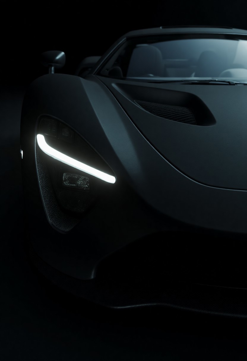 A dramatic close-up of a sleek black supercar under low light, with sharp reflections, glowing LED headlights, matte and glossy textures, aggressive front design, carbon fiber details, cinematic shadows, and a dark moody background — ultra-realistic, high contrast, mysterious atmosphere. aidmaGTA6