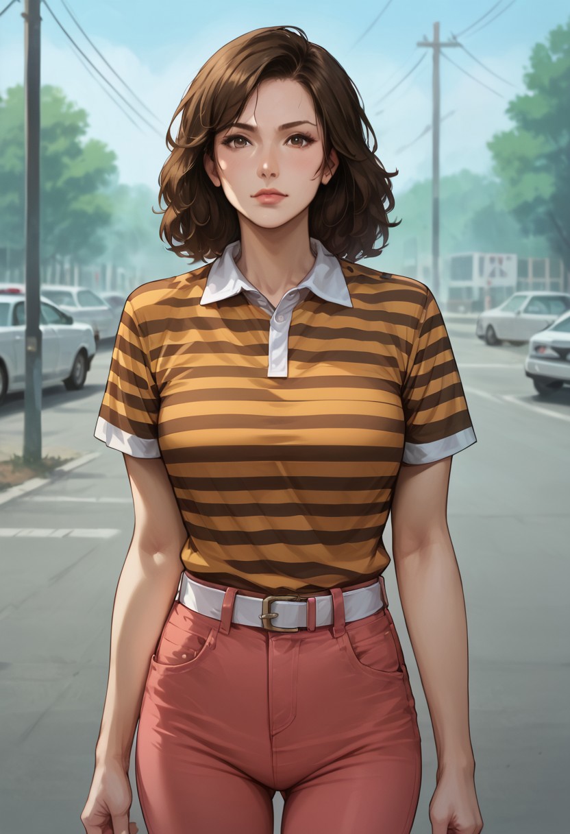 Score_9_up, score_8_up, score_7_up, score_6_up, source_realistic, cowboy shot, BREAK 1girl, Jenny, brown hair, short hair, orange striped shirt, polo shirt, pink jeans, white belt,