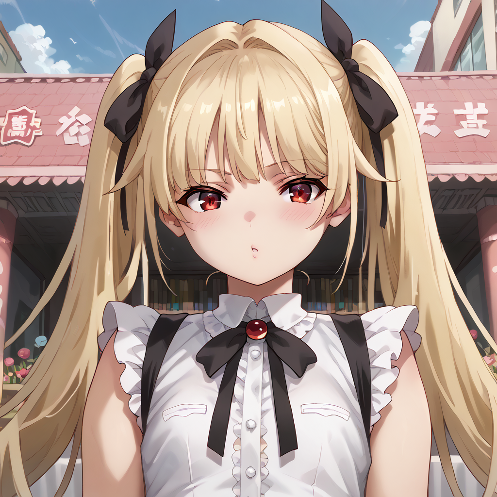 score_9, score_8_up, score_7_up, score_6_up, score_5_up, score_4_up, source_anime, anime screencap, masterpiece, insanely detailed, detailed background, zPDXL3, BREAK, usagi_nagomu_style,RachelAlucardBB,1girl,solo,long hair,blonde hair,red eyes,twintails,black hair ribbon