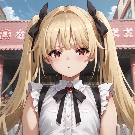 score_9, score_8_up, score_7_up, score_6_up, score_5_up, score_4_up, source_anime, anime screencap, masterpiece, insanely detailed, detailed background, zPDXL3, BREAK, usagi_nagomu_style,RachelAlucardBB,1girl,solo,long hair,blonde hair,red eyes,twintails,black hair ribbon