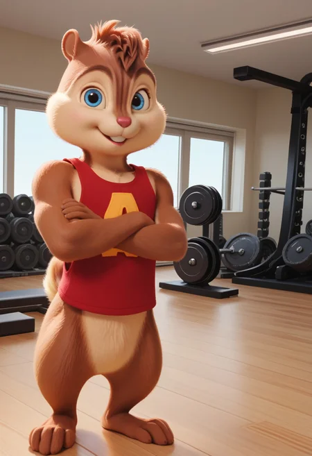 Score_9, score_8_up, score_7_up, source_furry, Alvin Seville, chipmunk, chipmunk male, furry male, furry, 3d, render, movie screencap, blue eyes, muscular body, muscles arms, muscular legs and thighs, red tank top, barefoot, gym, machines, smiling, crossed arms, looking at viewer, <lora:Alvin _Seville __Alvin_and_the_Chipmunks__CG_Movie_version:0.8>