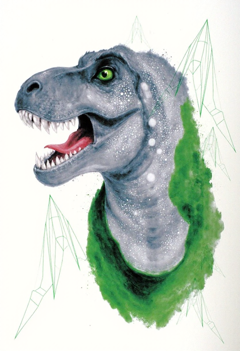 <lora:Acrobatic_Maneuvers_Style_FLUX-000015:0.9> 
This image is a digital drawing that combines elements of surrealism and modern art. The central figure is a stylized, three-dimensional representation of the face of a tyrannosaurus rex, with striking details rendered in various shades of grey and green.