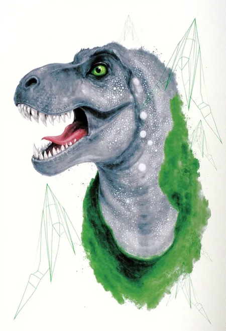 <lora:Acrobatic_Maneuvers_Style_FLUX-000015:0.9>
This image is a digital drawing that combines elements of surrealism and modern art. The central figure is a stylized, three-dimensional representation of the face of a tyrannosaurus rex, with striking details rendered in various shades of grey and green.