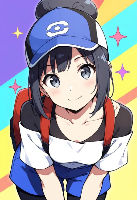 2d, masterpiece, best quality, amazing quality, 1girl, solo, close-up, standing, smile, upper body, leaning_forward, looking at viewer, multicolored background, sparkle, rainbow background, colorful background, pkbettie, black hair, grey eyes, short hair, sidelocks, bangs, single hair bun, baseball cap, blue headwear, white shirt, collarbone, black undershirt, short sleeves, off-shoulder shirt, high-waist shorts, blue shorts, black leggings, leggings under shorts, masterpiece, best quality, amazing quality, highres, absurdres, newest, red backpack