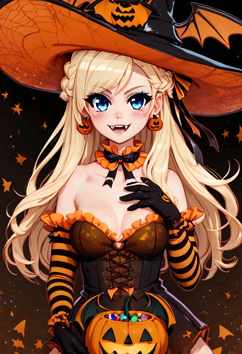 score_9, score_8_up, score_8, (big breasts), (curvy), cute, eyelashes,
BREAK,
,,,
mxmarina, french braid, half updo, Hair ribbon, frilled choker, blue eyes, blonde hair,
,,,
gloves, hat, jewelry, earrings, black gloves, elbow gloves, striped, witch hat, fangs, halloween, jack-o'-lantern, striped gloves,
BREAK,
blush, smile, looking at viewer, cowboy shot,
zPDXL, Expressiveh,