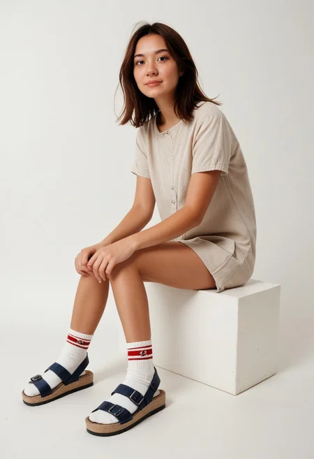 ((scksnsndls)), 1girl, solo, simple_background, white_background, sitting, red_socks, full_body, casual_clothes, slides