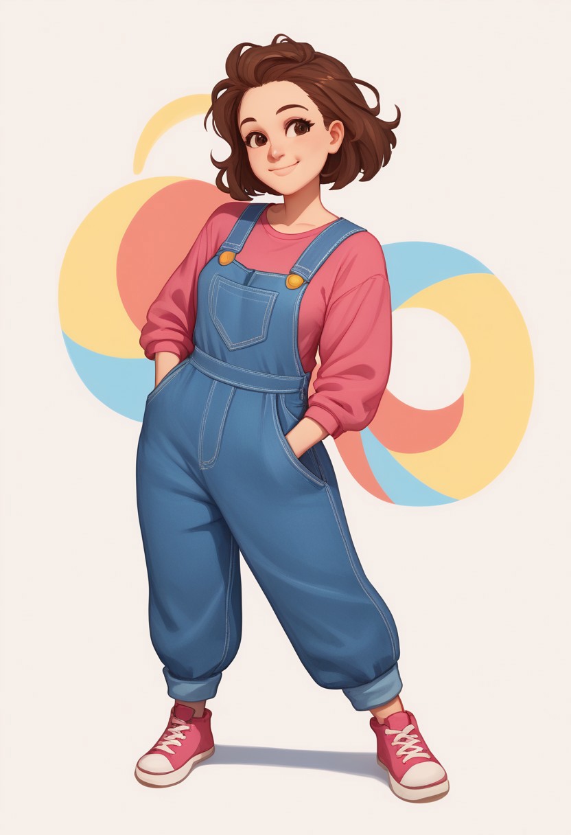 score_9, score_8, score_7, 1girl, solo, adult woman, LilRugrats, overalls, cute, brown hair, colorful background, closed mouth, smile, pose, full body,