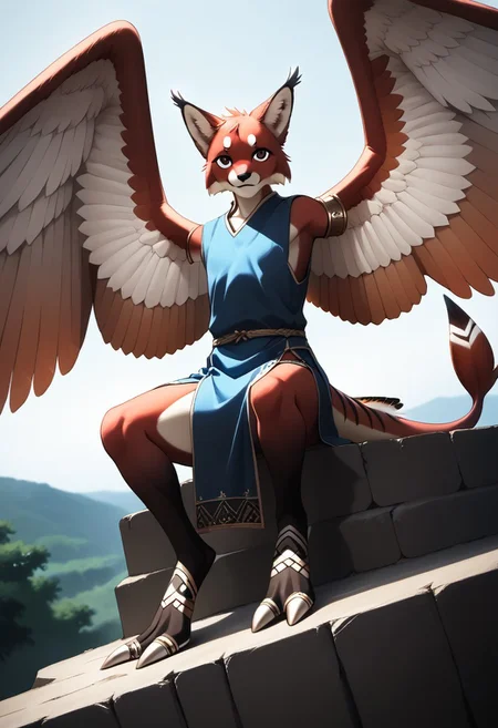 1person, Palagiri, anthro, feline features, feline nose, ((2 wings)), ((armless, no arms)):1.2, no hands, wings only, perfect wings,
Sitting, sitting on cliff edge,
3/4 view, dutch angle, perfect wings, prehensile wings, ((prehensile toes, long toes)), ((feathers-tipped tail, fanned tail-tip, tapering-tip tail)),
digitigrade legs, pelvic curtain tunic,
((Feet focus, detailed toes)),
Source: anime, score: 9, score: 8up,