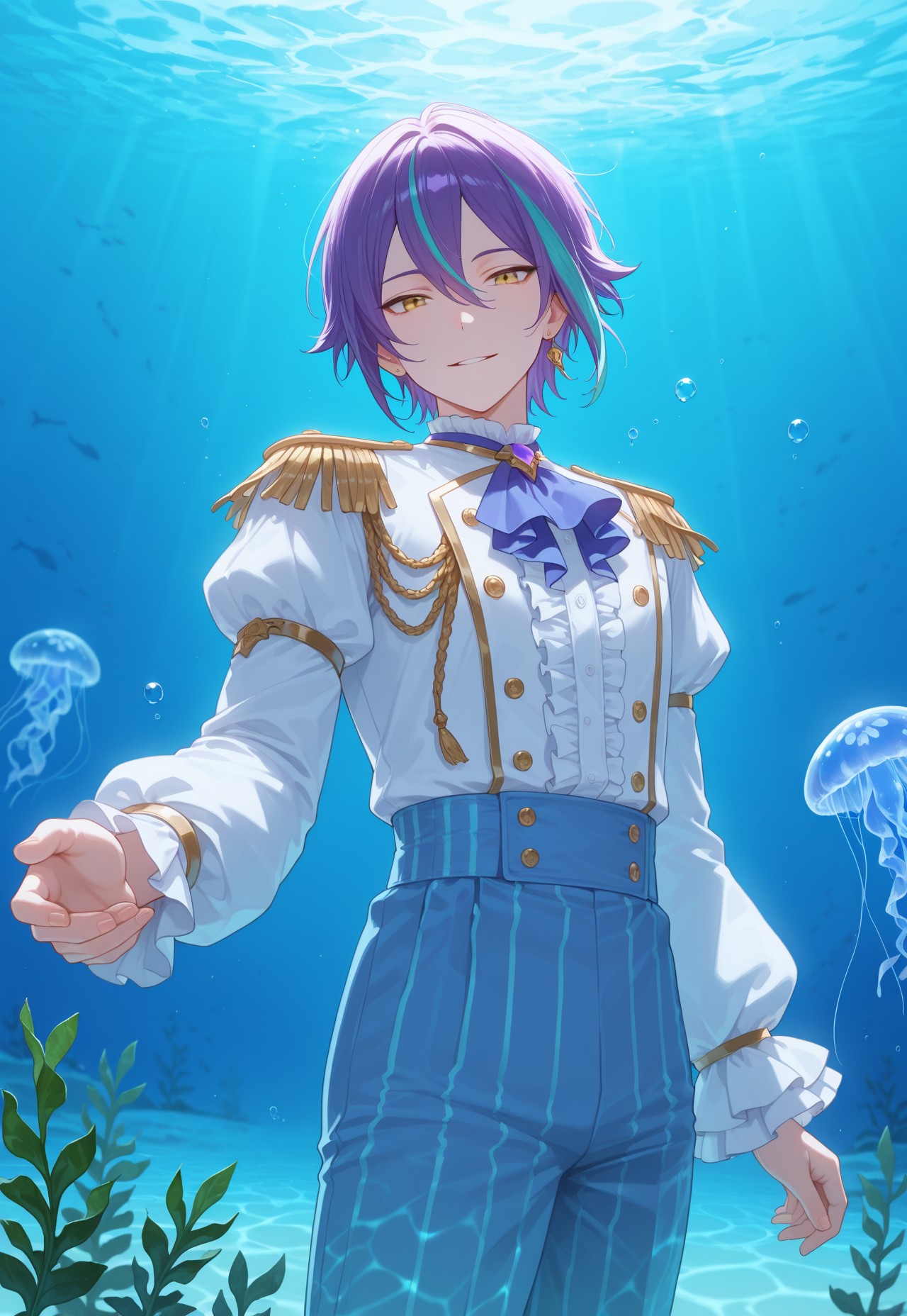 masterpiece, best quality, very aesthetic, absurdres, short hair, yellow eyes, purple hair, aqua hair, streaked hair, male focus, 1boy, ruikun, bubble, air bubble, frilled sleeves, fringe trim, striped, shirt, underwater, jewelry, hair between eyes, pants, solo, buttons, puffy sleeves, blurry, smile, white shirt, frills, jacket, tsurime, epaulettes, looking at viewer, jellyfish, backlighting, gold trim, double-breasted, caustics, earrings, blue theme, puffy long sleeves, aiguillette, vertical stripes, fish, blurry background, fingernails, parted lips, ascot, center frills, seaweed