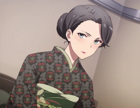 score_9, score_8_up, score_7_up, source_anime,
motheryukinoshita, <lora:mother-yukinoshita-s3-ponyxl-lora-nochekaiser:1>,
mother yukinoshita, short hair, blue eyes, black hair, hair bun, single hair bun, hair up,
japanese clothes, kimono, sash, makeup, obi, floral print, lipstick, black kimono,
indoors, bed, bed room, on side, blush, drunk,
looking at viewer, cowboy shot, dutch angle, solo,
