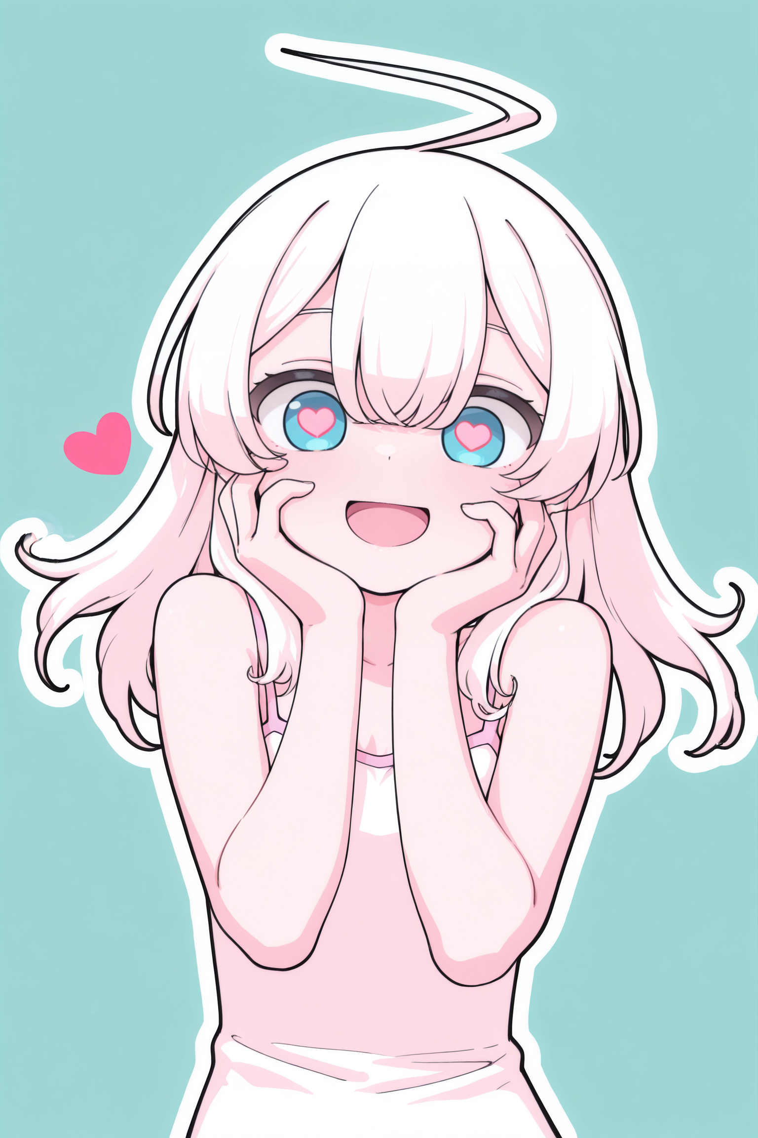 <lora:OMS_Honeypie_Girl:1>
omshoneypiegirl, 1girl, cute, white hair, long hair, blue eyes, ahoge, solo, camisole, bare shoulders, small breasts,
amazing quality,very aesthetic,absurdres,newest, white outline,
simple background, looking at viewer, :D, heart eyes, wide eyes, hands_on_own_cheeks, upper body,