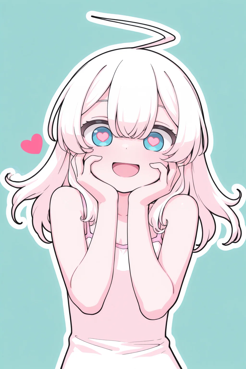 <lora:OMS_Honeypie_Girl:1>
omshoneypiegirl, 1girl, cute, white hair, long hair, blue eyes, ahoge, solo, camisole, bare shoulders, small breasts,
amazing quality,very aesthetic,absurdres,newest, white outline,
simple background, looking at viewer, :D, heart eyes, wide eyes, hands_on_own_cheeks, upper body,