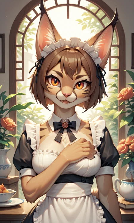 score_9, score_8_up, score_7_up, score_6_up, source_furry,BREAK,detailed face eyes and fur, looking at viewer, furry cat girl,maid,brown hair,caracalcat,caracal,ningmao