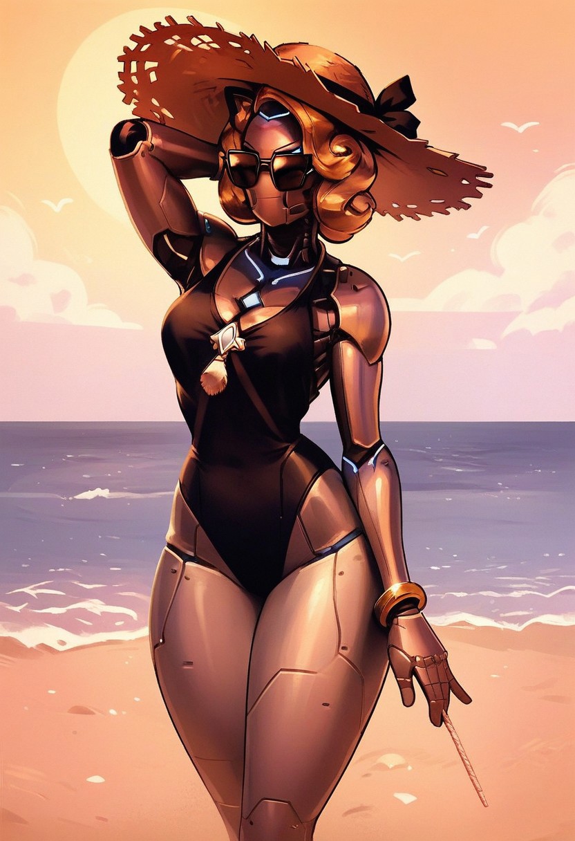 score_9, score_8_up, score_7_up, score_6_up, score_5_up, score_4_up, overwatch, solo, luna_ow, cowboy shot, robot, blonde hair, black leotard, sunglasses, straw hat, beach, outdoors, sea, sun