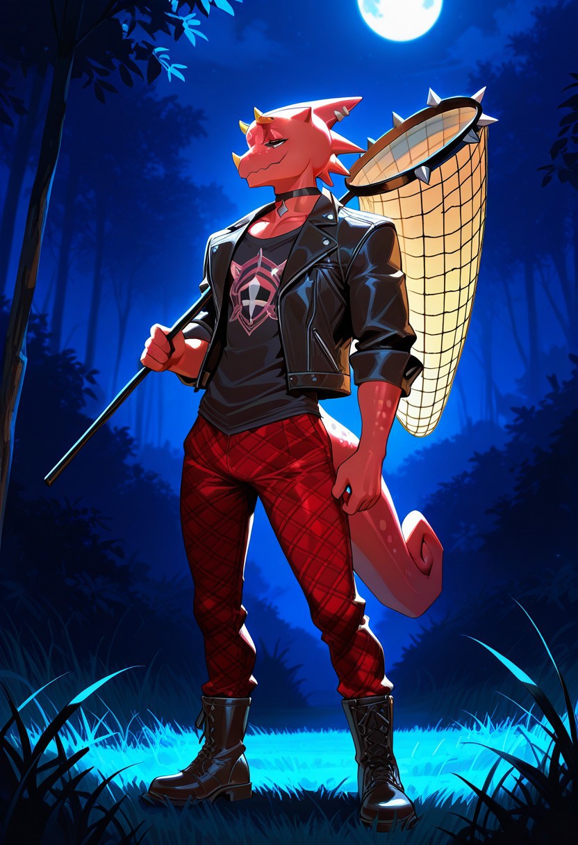 masterpiece, best quality, amazing quality, solo, (fl1ck, reptile boy, black choker, silver earrings, black shirt, black jacket, red plaid pants, black boots), (half-closed eyes, standing, holding a insect net) (night, grass, plain, moonlight), (detailed eyes, extremely detailed, masterpiece, high quality)