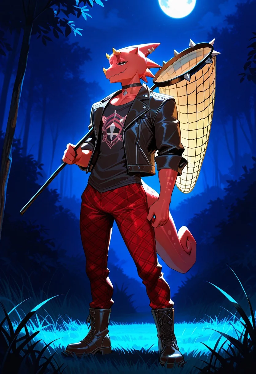 masterpiece, best quality, amazing quality, solo, (fl1ck, reptile boy, black choker, silver earrings, black shirt, black jacket, red plaid pants, black boots), (half-closed eyes, standing, holding a insect net) (night, grass, plain, moonlight), (detailed eyes, extremely detailed, masterpiece, high quality)