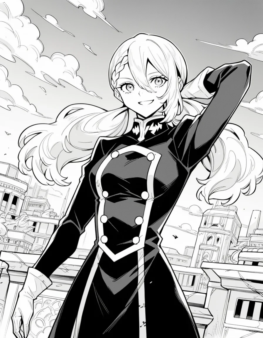 score_9, score_8_up, score_7_up, source_anime, <lora:varvara-pilipenko-manga-ponyxl-lora-nochekaiser:1>, varvara pilipenko, greyscale, monochrome, long hair, hair between eyes, braid, twintails,, gloves, uniform, military, military uniform, floating city, sky, futuristic, architecture, clouds, smile, hand behind head, , looking at viewer, solo,, dutch angle, cowboy shot