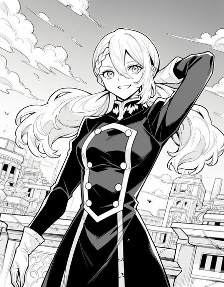 score_9, score_8_up, score_7_up, source_anime, <lora:varvara-pilipenko-manga-ponyxl-lora-nochekaiser:1>, varvara pilipenko, greyscale, monochrome, long hair, hair between eyes, braid, twintails,, gloves, uniform, military, military uniform, floating city, sky, futuristic, architecture, clouds, smile, hand behind head, , looking at viewer, solo,, dutch angle, cowboy shot