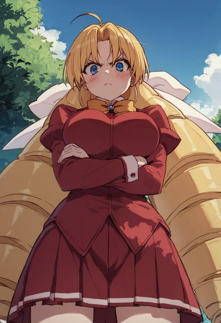 score_8_up, 1girl, blonde hair, blue eyes, solo, long hair, drill hair, bow, blush, ahoge, red school uniform, large breasts, standing, from below, looking at viewer, angry, crossed arms, outdoors <lora:Selnia_Lori_Flameheart:1>
