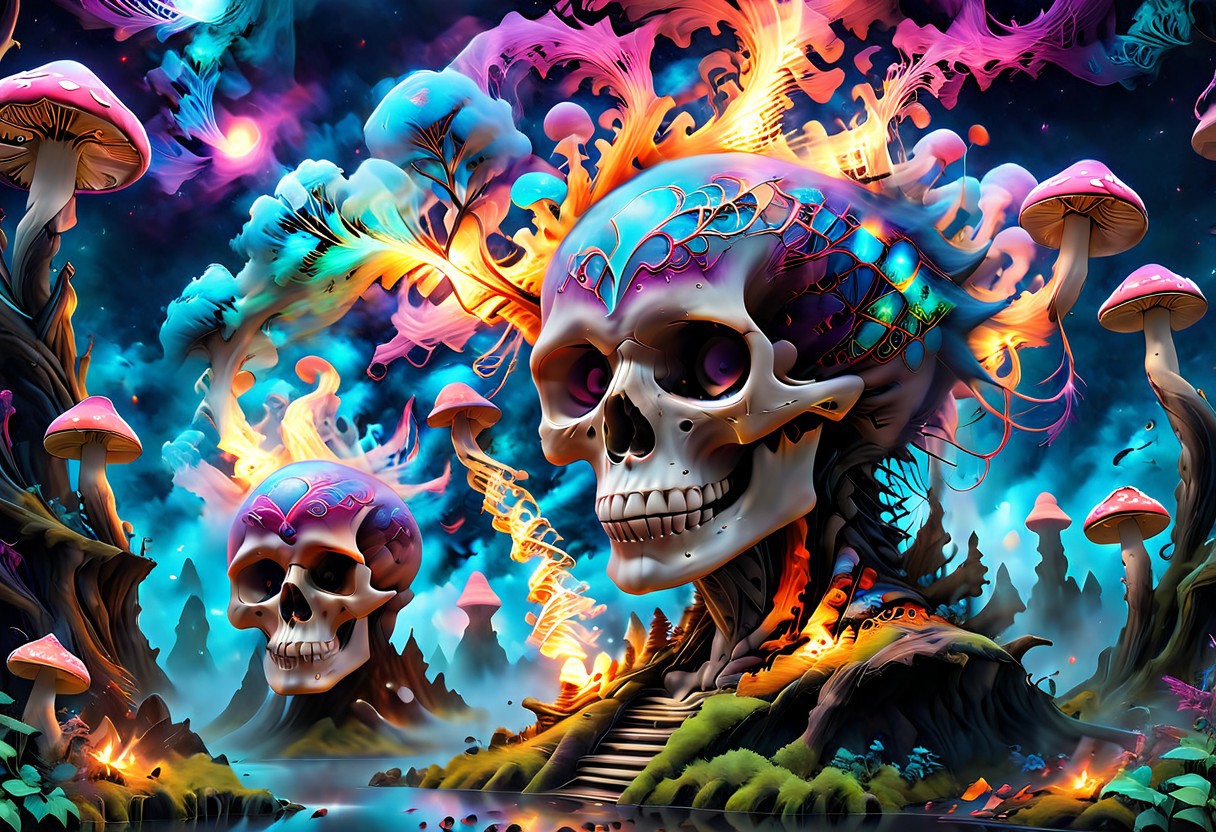 psychedelic swirling clouds of (dna|fire|skulls), mushrooms,  double helix, fantasy atmosphere, cosmic backdrop