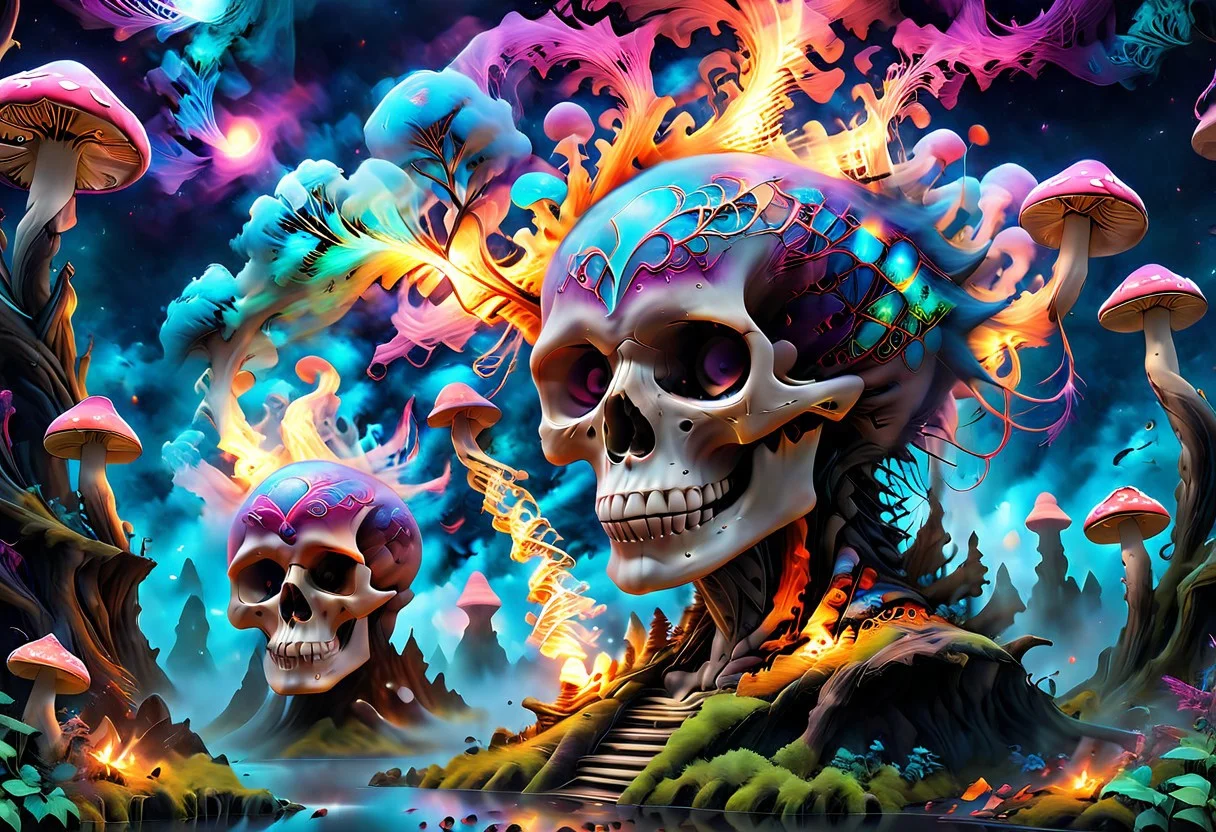 psychedelic swirling clouds of (dna|fire|skulls), mushrooms, double helix, fantasy atmosphere, cosmic backdrop
