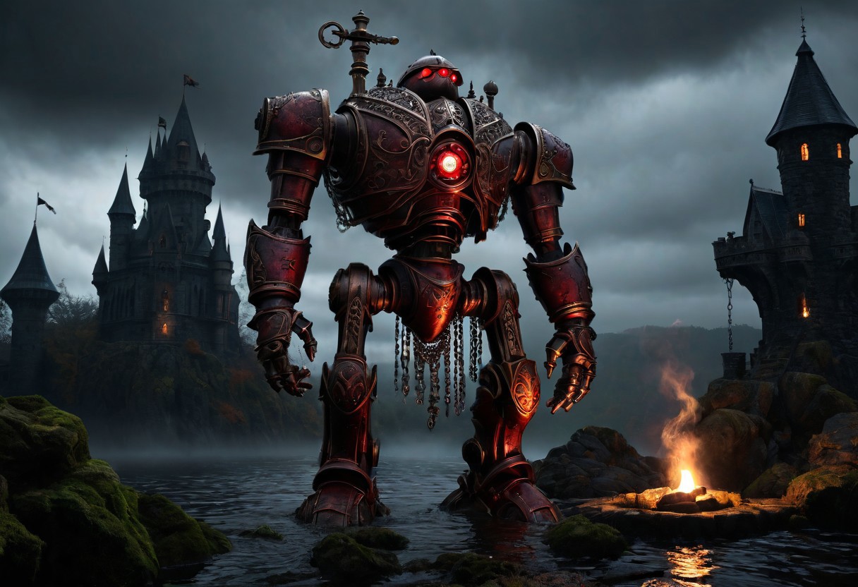 giant bipedal robot dirty apple red and dark amber, bronze paisley robot. lacy robot smoking forge head. outside of a steampunk keep. large detailed torso. dark image. one forty foot tall ancient robot with great arms and two heavy spring legs. dark foggy night background. $dark foggy night image only. dark photo realistic image. steampunk details. cogs, chains and pipes incorporated in the fantasy buildings. magic wizards tower in background. Dark swamp, moss, castle ruins, wizards tower. stormy dark night.  stormy sky.