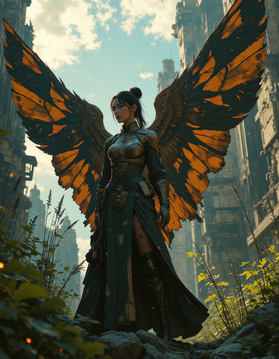 a futuristic woman resembling a angel with metallic armor and biomechanical wings, standing in the ruins of a post-apocalyptic city. The environment is overgrown with plants, nature reclaiming the world. Sunlight shines through the broken buildings, casting dramatic shadows. Ultra-detailed, cinematic, sci-fi concept art, high realism