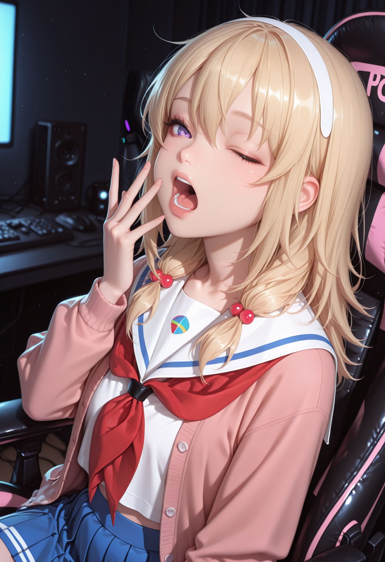 masterpiece,best quality,absurdres,highres,very aesthetic,high quality,detailed,insanely detailed,beautiful,perfect lighting, ,depth of field,blurry background,bokeh, looking at viewer,
, yawning, one closed eye, one open eye, slumped in gaming chair, dark room, pc, messy, scratching chest under shirt <lora:MoriiMee_Gothic_Niji_Style_Illustrious_r1:1> artist:moriimee <lora:Reo Wakasa illu:1> 1girl, blonde hair, purple eyes, hair ornament, hairband, long hair, hair bobbles, pink cardigan, red neckerchief, serafuku, blue skirt