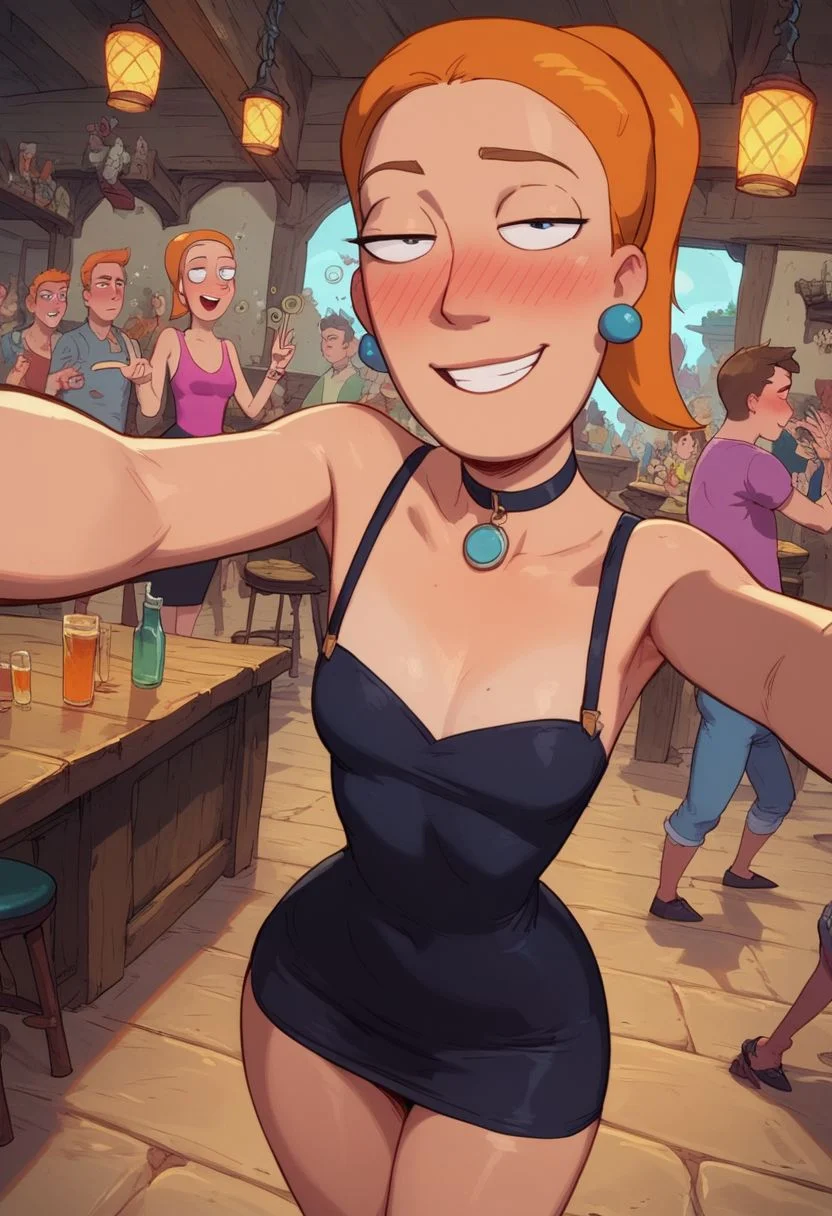 score_9, score_8_up, score_7_up, pinup girl pose, Expressiveh, summer in a crowded tavern, summer.smith, orange hair,1girl, ponytail, solo, party black dress, 1girl, shaggy, perfect face, curvy, petite body, wide hips, thick thighs,
perky chest,
cute, drunk, tired, unfocused, drunk selfie, dazed, smile,
standing, close up,
aesthetic, dramatic angle, unique perspective, unique angle, comic book angle and perspective, wide angle, perfect hands, v, in a crowded tavern, surrounded by men