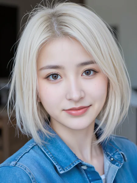 a woman, white hair, blue shirt, light smile, portrait, blurred background
