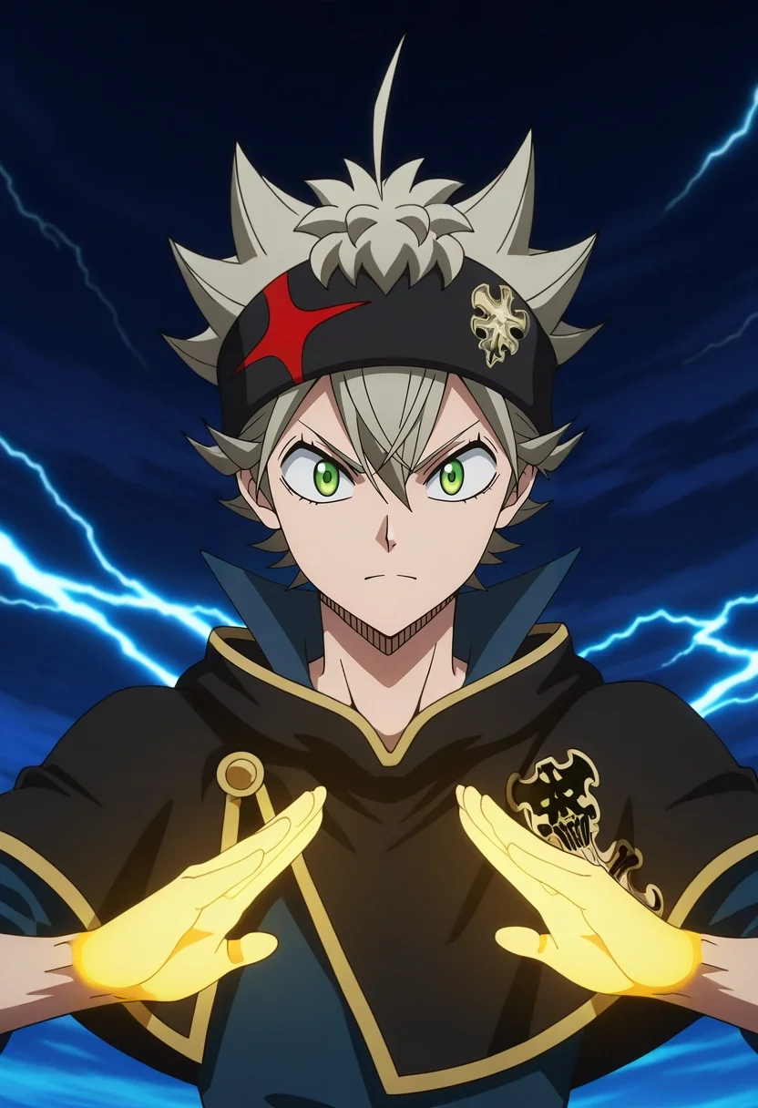 masterpiece, best quality, , anime screencap, , official style, , 1boy, solo, male focus, <lora:asta_black_clover_ilxl:1>, asta_black_clover, grey hair, green eyes, short hair, spiked hair, black headband, black capelet, , storm sanctum, glowing shields, misty corridors, thunderous halls, meditating pose, focused expression, storm-lit dusk,