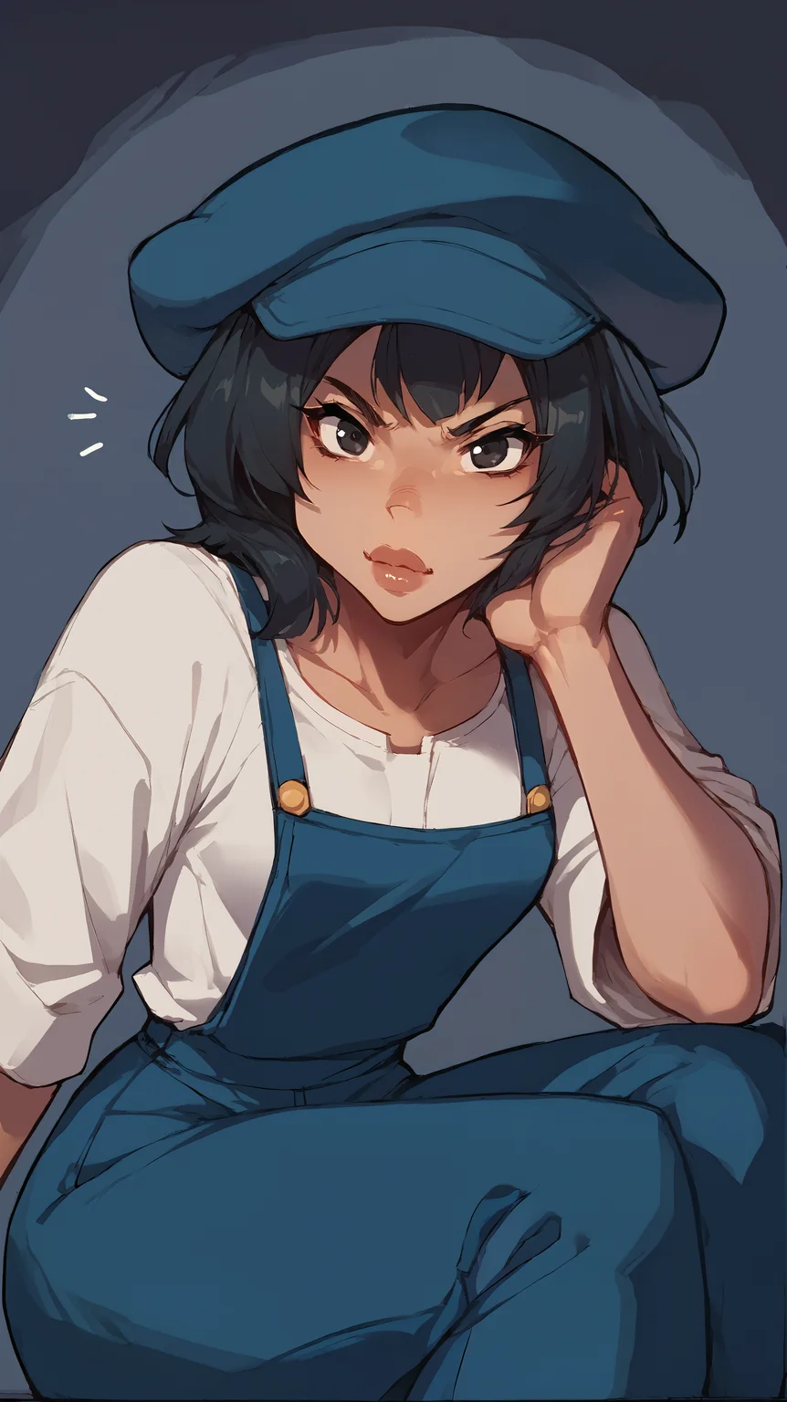 score_9,score_8_up,score_7_up,score_6_up, source_anime, girl, <lora:Frerry_epoch_15:0.8>, Frerry, dynamic pose, resting on a diagonal, <lora:AudreyRocio_character:0.7> AudreyXLP, ,black hair, short hair, hat, blue overalls, white shirt, dark skin,