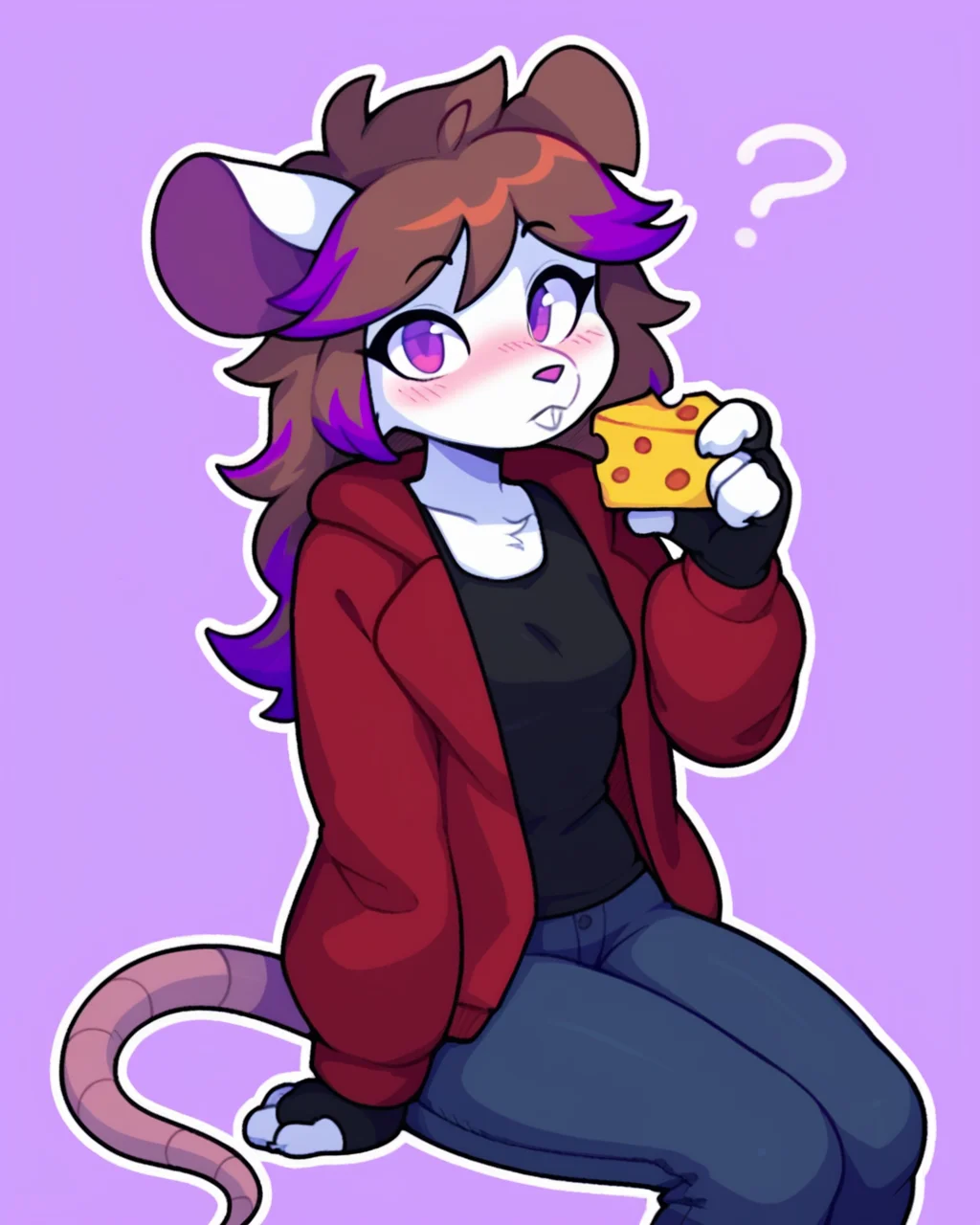 score_9_up, score_8_up, score_7_up, score_6_up, female, brown hair, multicolored hair, purple highlights, purple eyes, buckteeth, mouse, white fur, small breasts, furry, red jacket, black tank top, black jeans, fingerless gloves, looking at viewer, blush, cheese, cheese wedge, holding cheese wedge, sitting, question mark, head tilt, solo, three-quarter view, simple background, white outline, <lora:Leah_Pines(AIM)_XL_v1:0.15> <lora:PDXL_artist_tags_v2_big:0.5> <lora:The-Minuscule-Task_PDXL_v1.0:0.6> <lora:Millie_justm1llie:0.65>
