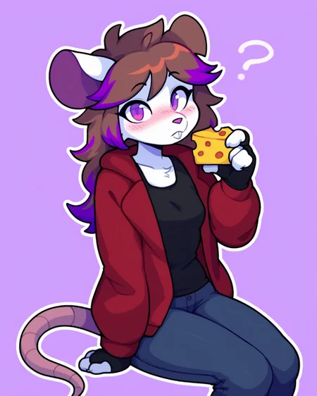 score_9_up, score_8_up, score_7_up, score_6_up, female, brown hair, multicolored hair, purple highlights, purple eyes, buckteeth, mouse, white fur, small breasts, furry, red jacket, black tank top, black jeans, fingerless gloves, looking at viewer, blush, cheese, cheese wedge, holding cheese wedge, sitting, question mark, head tilt, solo, three-quarter view, simple background, white outline, <lora:Leah_Pines(AIM)_XL_v1:0.15> <lora:PDXL_artist_tags_v2_big:0.5> <lora:The-Minuscule-Task_PDXL_v1.0:0.6> <lora:Millie_justm1llie:0.65>