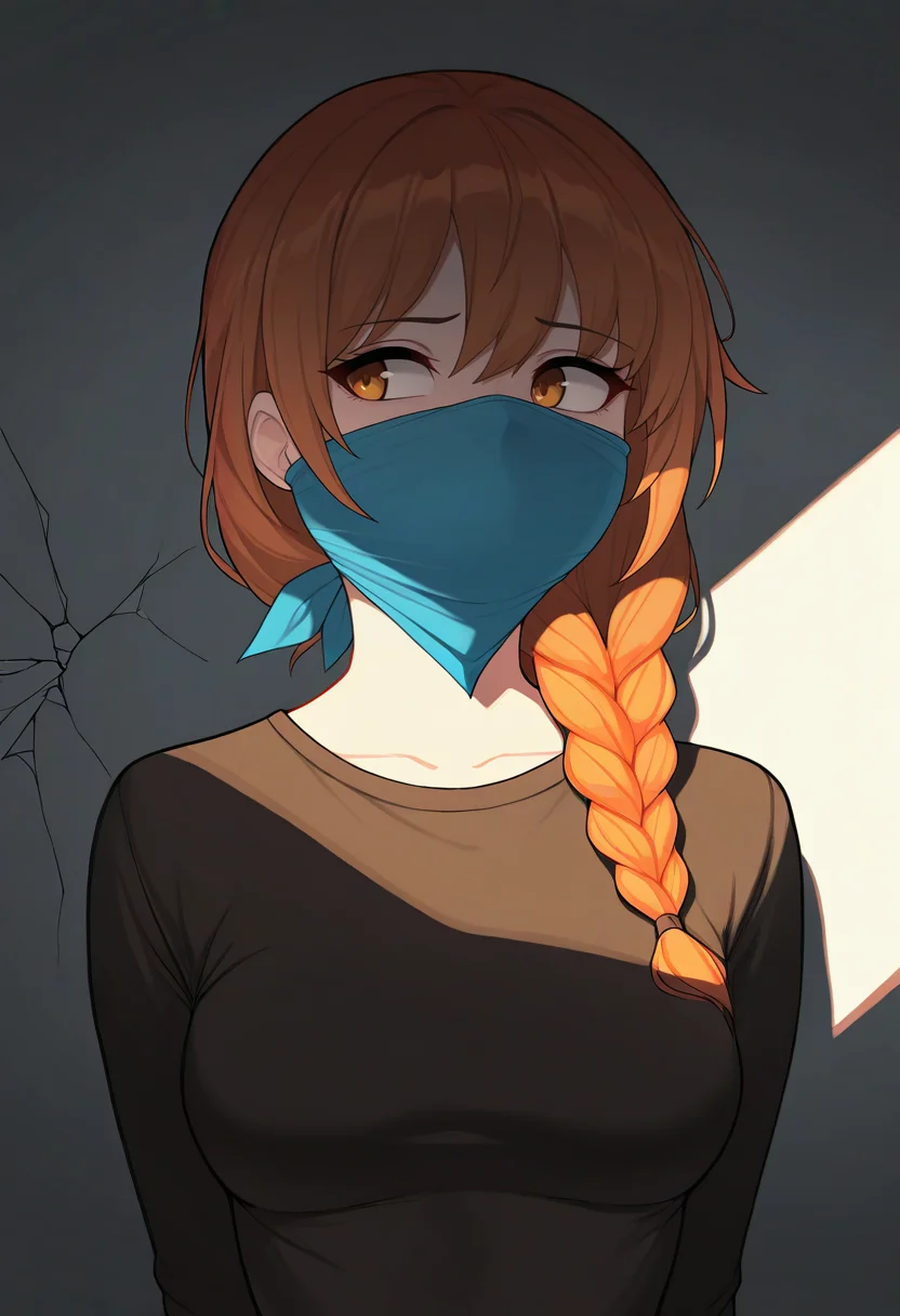 masterpiece, best quality, amazing quality, very aesthetic, absurdres,
1girl, medium breasts, shirt, single braid, hair over shoulder,
solo, upper body, crack of light, dark, looking to the side, light rays,
over the nose gag,
<lora:otnreformillusxl1-10:1>