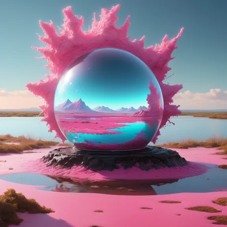 (art by Thomas Birch:1.3) and (Anthony Thieme:1.0) , Unity Engine, hologram, Drawing of a Synthwave Art, Pink and Vivid flakes, ("Erosion":1.3) , Intuitive and Elusive, Granular Lagoon in background, summer nature, Bathed in shadows, Cosy, Rule of Thirds, Gel lighting, telephoto lens, BW