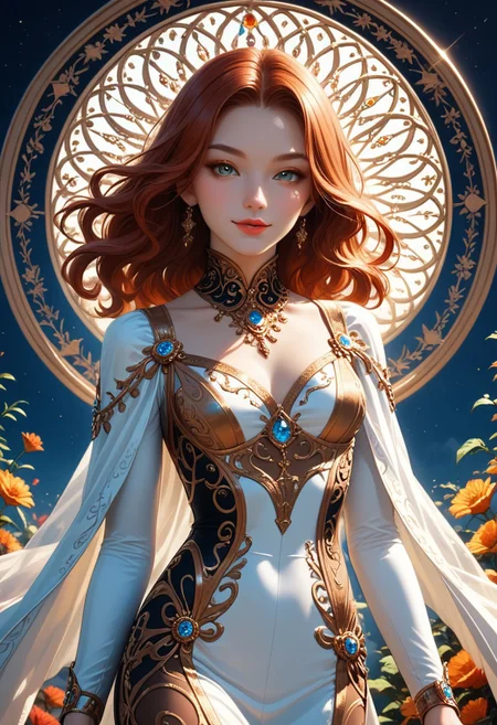 Cowboy Shot, girl, cute, seductive, innocent, light smile:0.3, plump lips, slender body, with long brown hair and red hair, in the style of dark sky-blue and light orange, intricate costumes, light gold and white, harmonious color palette, vibrant, art nouveau, depth of field, dynamic angle, fashion photography, sharp, hyperdetailed:1.15, 4n1v3rs3