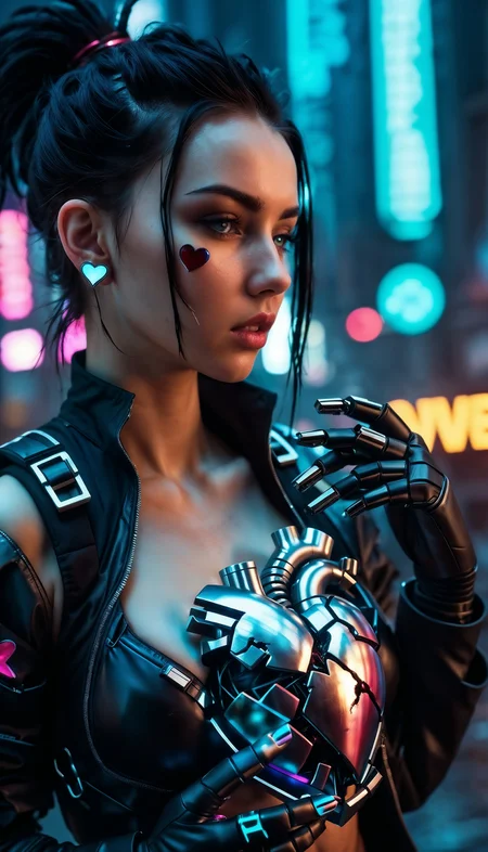 Ultrarealistic. sharp focus, dynamic lighting. play of light, reflection, refraction, Raytracing, Ultra detailed. cyberpunk robot girl holding a ((broken black heart)). cracked heart. broken, broken in half heart. separated in two. tears. war torn cyberpunk city. cowboy shot. chest focus