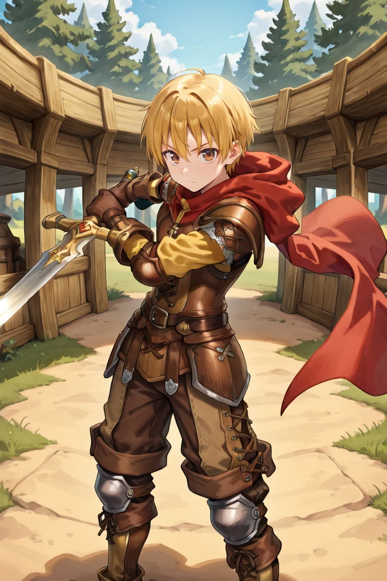 <lora:Canaan:0.9> , CaDef, solo, 1boy, brown eyes, short hair, blonde hair, red hood, hood down, shoulder pads, elbow pads, armor, brown pants, capri pants, brown armor, cross-laced clothes, yellow sleeves, brown gloves, gloves, armored boots, brown boots, boots, looking at viewer, serious, wooden fortress, trees, pointing sword, holding sword, sword, looking at viewer, solo, masterpiece, very aesthetic, absurdres, best quality, amazing quality, high resolution, detailed background, <lora:illustrious_quality_modifiers_masterpieces_v1:0.8> , <lora:ChamIllustriousBackgroundEnhancer:0.5>