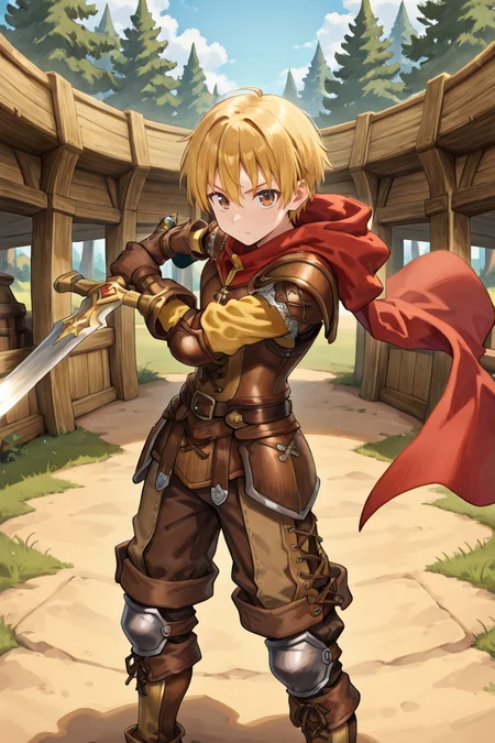 <lora:Canaan:0.9> , CaDef, solo, 1boy, brown eyes, short hair, blonde hair, red hood, hood down, shoulder pads, elbow pads, armor,  brown pants, capri pants, brown armor, cross-laced clothes, yellow sleeves, brown gloves, gloves, armored boots, brown boots, boots,  looking at viewer, serious, wooden fortress, trees, pointing sword, holding sword, sword, looking at viewer,  solo, masterpiece, very aesthetic, absurdres, best quality, amazing quality, high resolution, detailed background, <lora:illustrious_quality_modifiers_masterpieces_v1:0.8> , <lora:ChamIllustriousBackgroundEnhancer:0.5>