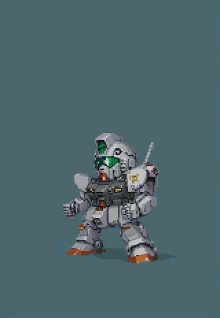 (full body view), (masterpiece), (ultra detailed), best quality, HDA_PixelArtXL_v1.2, gm_cold_districts_type, gundam, green backgroundm, chibi, simple background, SRWFStyle