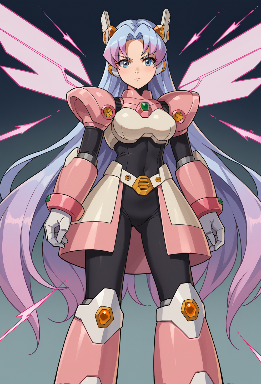 score_9, score_7_up, source_anime, solo, BREAK  <lora:Reploid_v2.0:0.8> megamanreploid, android, gloves, white gloves, armor, bodysuit, robot ears, holding energy weapon, energy spear, energy wings,, serious, 1girl, white eyes, white hair, very long hair, parted hair, parted bangs, medium breasts, gradient hair, lilac hair, wing hair ornament,, valkyrie, black bodysuit, armor, gauntlets, greaves, pink breastplate, grey armored skirt, armored dress, pink hues,