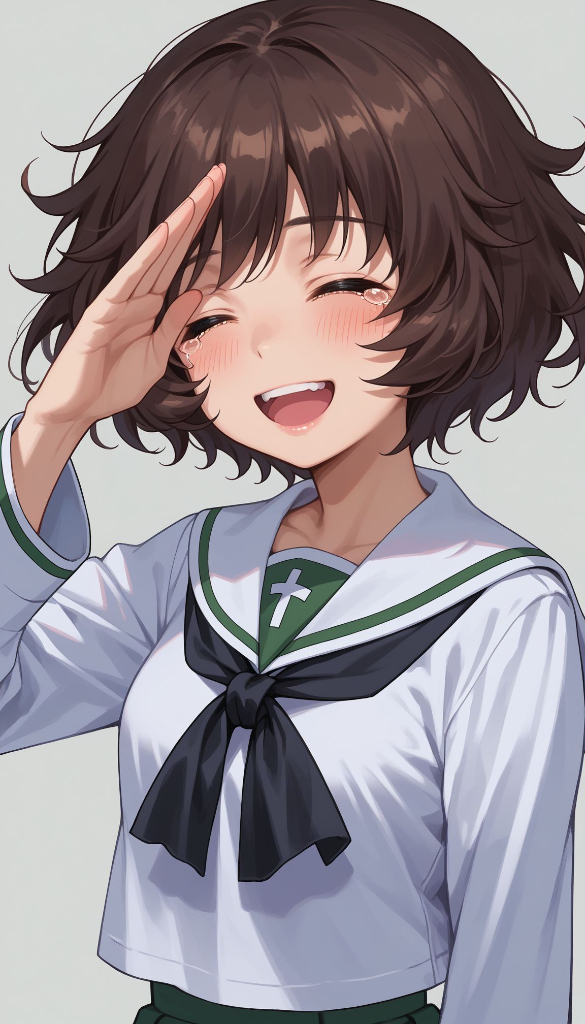 score_9, score_8_up, score_7_up, source_anime,
 <lora:Akiyama:0.9> 1girl, akiyama yukari, ooarai school uniform, brown hair, smile, salute, serafuku, open mouth, short hair, closed eyes, blush, tears, upper body, long sleeves, messy hair, character name, white shirt, blouse, bangs, :d, black neckerchief, facing viewer, sailor collar