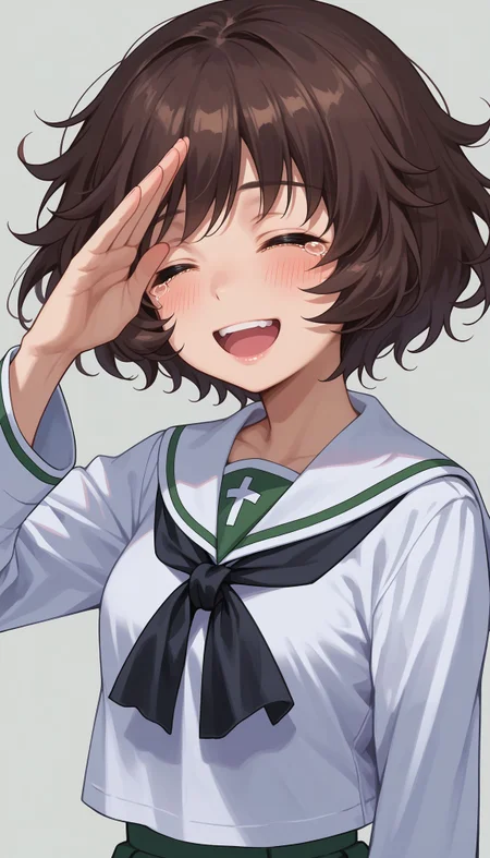 score_9, score_8_up, score_7_up, source_anime,
<lora:Akiyama:0.9> 1girl, akiyama yukari, ooarai school uniform, brown hair, smile, salute, serafuku, open mouth, short hair, closed eyes, blush, tears, upper body, long sleeves, messy hair, character name, white shirt, blouse, bangs, :d, black neckerchief, facing viewer, sailor collar